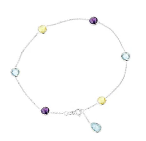 14K White Gold Anklet With Lemon Topaz, Amethyst And Blue Topaz Drop 11 Inches - Picture 1 of 1