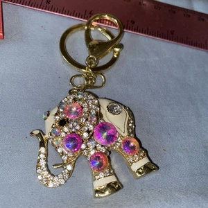 Gold Key Ring Black & Iridescent Crystal Elephant Purse Clip - Picture 1 of 6
