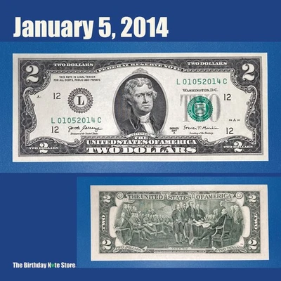 January 5, 2014 Birthday Anniversary $2 Two Dollar Bill Serial Number 01052014 - Image 1 of 2