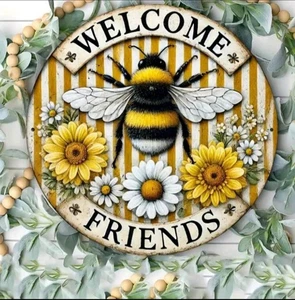 Yellow Decorative Honey Bee Welcome Metal Sign 20cm  - Picture 1 of 2
