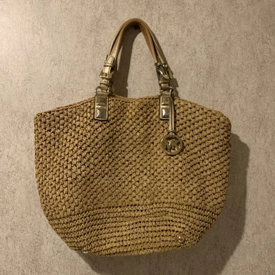 Michael Kors солома женщин большая сумка с короткими ручками сумочка на плечо с золотым ремешком MK логотип - Изображение 1 из 4