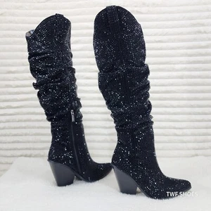 Cape Robbin Diamond Rider Black Rhinestone Western Slouch Draped Knee Boots - Picture 1 of 10