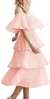 Womens Off The Shoulder Chiffon Tiered Ruffle Pleated Casual Midi Dress, Pink, M