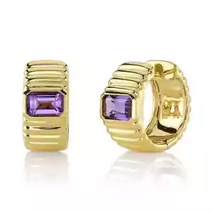 14K Gold Amethyst Hoop Earrings Emerald Cut Natural 1.00 CT - Picture 1 of 2