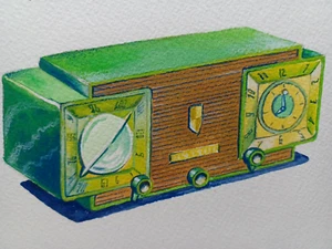 60's Original Watercolor Green Alarm Clock Radio Art for Advertising RRP 62 - Picture 1 of 4