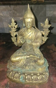 Antique Tibetan Tsongkhapa Buddha BRonze  9" Inch Statue Sgnd - Picture 1 of 6