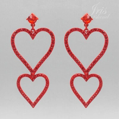 Crystal Rhinestone Red Heart Hoop Drop Dangle Earrings Prom Valentine's Day 6919 - Image 1 of 4