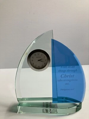 BULOVA WINDSWEPT III TABLETOP GLASS SAILBOAT CLOCK WITH CHRISTIAN THEME - Image 1 of 4