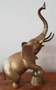 Vintage Brass Elephant Statue Figurine Trunk Up on Drum Large Heavy 18.75x12x8" - Picture 1 of 11