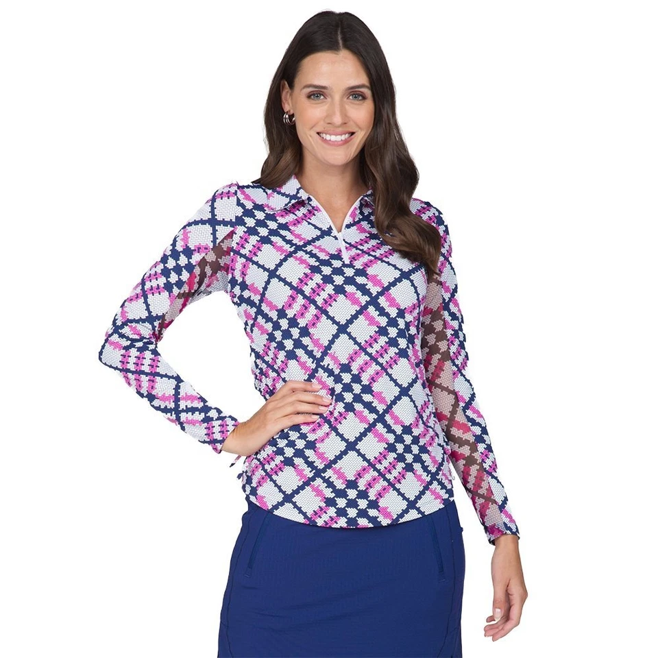 NUEVO CON ETIQUETAS IBKUL SONIKA ROSA INTENSO AZUL MARINO Manga Larga Ajustable Polo Camisa de Golf S & M Foto 1 de 1