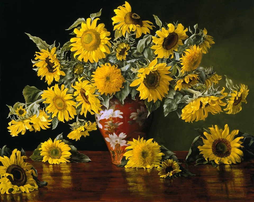 Ceramic Backsplash Tile Mural Floral Flower - Sunflower In A Red Chinese Vase - Image 1 of 1