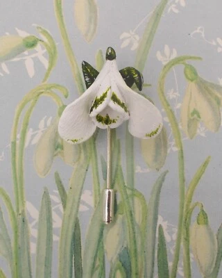 White SNOWDROP PIN White Spring Wedding Lapel Flower Pin HANDMADE HAND PAINTED  - Image 1 of 4