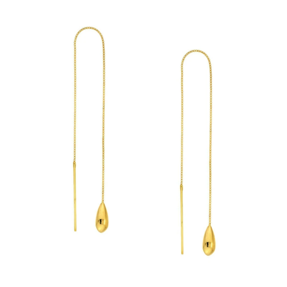 Tear Drop Box Chain Threader Earrings Real 14k Yellow Gold - Image 1 of 2