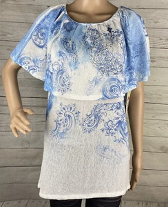 NWT Reba Knit Shirt Large Blue White Floral Rhinestone Ruffled Island Getaway - Picture 1 of 12