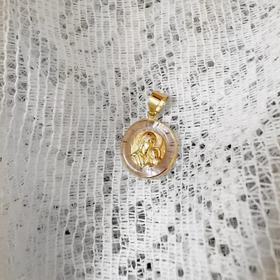 14K твердого золота греческий Святой Марии и Иисуса подвеска круглый свет Роза христианская икона - Изображение 1 из 2