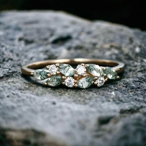 Natural Moss Agate Ring Gold Plated Silver Half eternity wedding band Ring - Picture 1 of 5