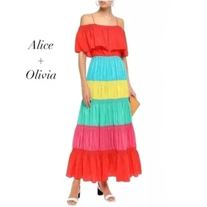 Alice + Olivia Kia Smocked Rainbow Cold-Shoulder Pleated Maxi Dress NWT Size 6 - Picture 1 of 11