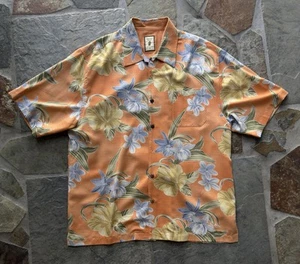 Vintage Jamaica Jaxx Button Up Shirt Mens L Orange Floral 100% Silk Hawaiian - Picture 1 of 10