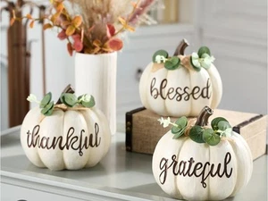 S/3 Grateful, Thankful, Blessed, Pumpkins Valerie Parr Hill Ivory - Picture 1 of 9