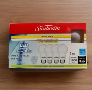 Sunbeam Dimmable LED Bulb - 100W - 3000K Warm White - 4 Pack Light Bulbs - A19 - Picture 1 of 4