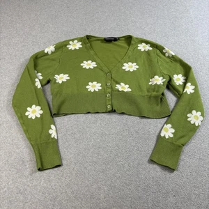 Voodoo Vixen Cardigan Womens XL Green Daisy Floral Cropped Button Sweater Retro - Picture 1 of 7