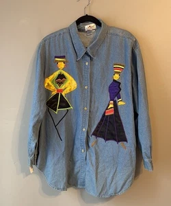 L K Sport Denim Shirt. Long Sleeve. Colorful Appliqués. Size Medium  - Picture 1 of 11