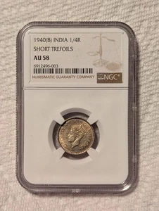 Indien 1940 1/4 Rupie NGC AU58 Silber 1940-B INDIEN 1/4R SHORT TREFOILS !!!!! - Bild 1 von 2