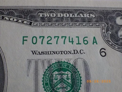 A  1995  $2 bill with a birthday  of  07 27 74    bill serial # F07277416A - Image 1 of 4