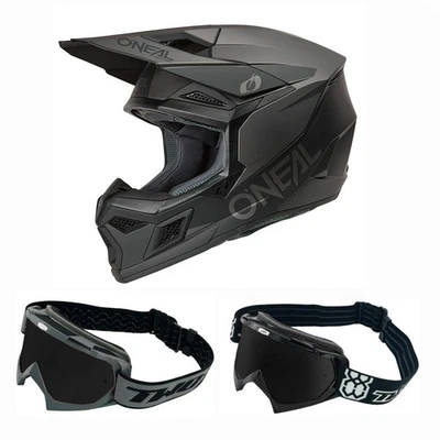 O´NEAL Oneal Combo Crosshelm mit Brille 3SRS SOLID schwarz grau MX Helm Race Cross