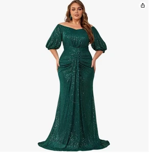 Giffniseti Plus Size Off Shoulder Puff Sleeve Sequin Evening Dress (Green, 1XL) - Picture 1 of 4