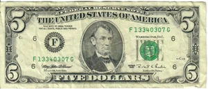 1995 5$ FRN - Small portrait w/ security thread - MEW/RER F13340307G - #15359 - Picture 1 of 2