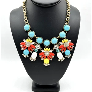 Colorful Beaded Bib Statement Necklace Rhinestone Multicolor Cabochons - Bild 1 von 5