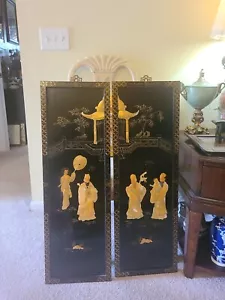 Set Of 2 Long Black Lacquered Wood And Shell Geisha Men & Women Wall Hangings - Picture 1 of 22