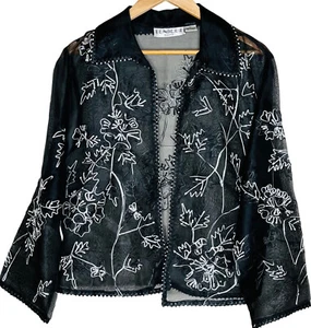 Tunique Nights Women Silk Jacket Size XL Black Sheer Embroidered Fancy - Picture 1 of 12