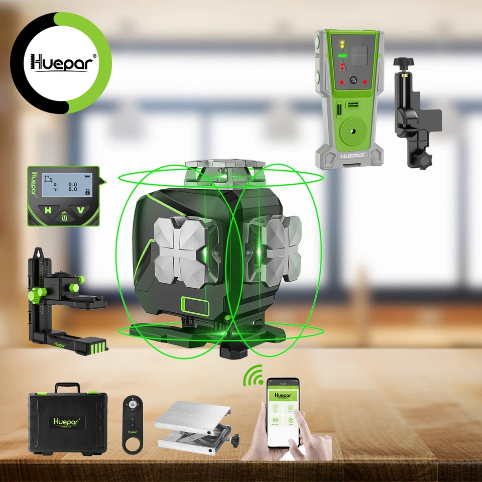 Nivel láser autonivelante 16 líneas 4D con pantalla LCD + receptor LR-8RG Huepar