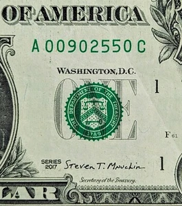 2017 $1 bill fancy serial number, birthday date note Sept 02, 1955 ( 090255 ) - Picture 1 of 3