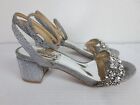 Badgley Mischka Strappy Sandals Crystal Beads Women's Size 6.5 Silve 2" Heel