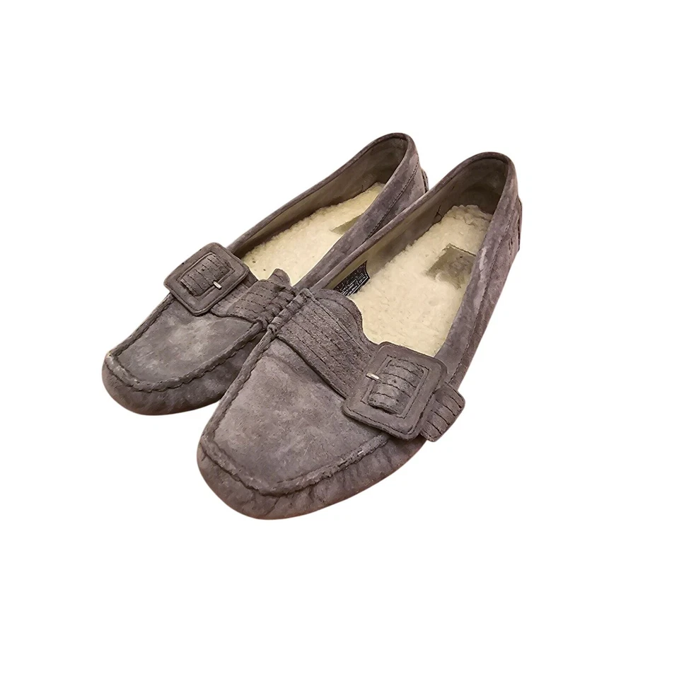 Women's UGG gray Suede Sheepskin Buckle Driving Mocs Loafers size 8 - Image 1 of 4