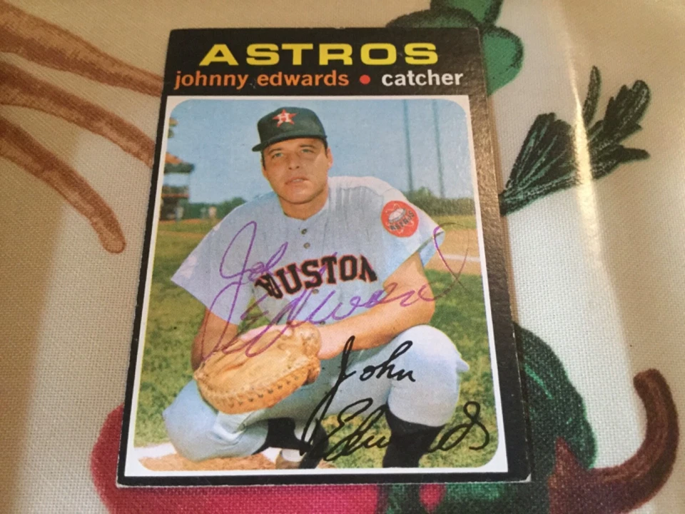 1971 年 Topps 约翰尼·爱德华兹亲笔签名棒球卡太空人红人队 #44 — 第 1/1 张图片