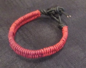 Leather Bracelet Dark Red Braided Leather Bracelet with Vintage Button Hand Made - Picture 1 of 7