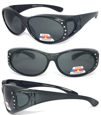 Womens Rhinestones Oval Anti Glare Polarized Lens Cover Fit Over Sunglasses - Image 1 of 4