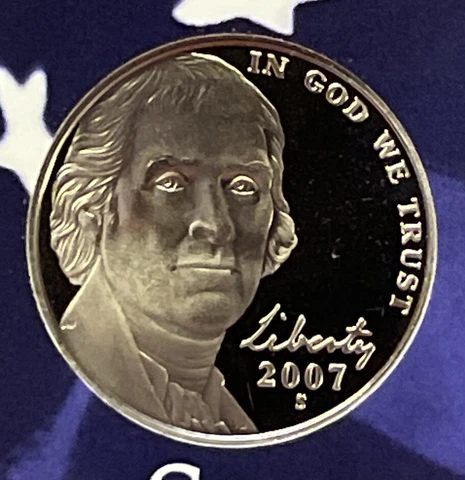 2007 S Proof Jefferson Nickel from Proof Set with Free Shipping Cover