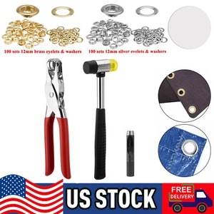 Grommet Tool Kit, Handheld Hole Punch Pliers, Hammer, Hole Punch, 200 set eyelet - Picture 1 of 20