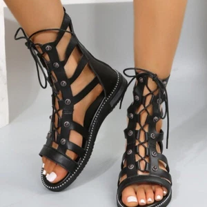 Women Flat Hollow Out Strappy Sandals Summer Open Toe Lace Up Casual Boots 2025 - Picture 1 of 7
