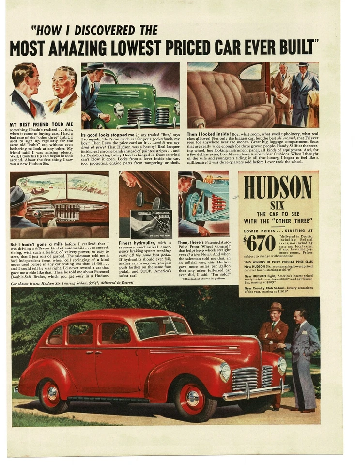 1940 Hudson Six Red Sedan w/ interior views art Vintage Print Ad - Image 1 of 1
