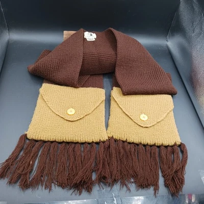 Vtg 70s Crochet Boho Hippie Yellow & Brown Long Granny Scarf w Fringe & Pockets  - Image 1 of 4