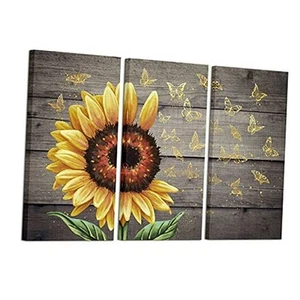 Sunflower Wall Art Yellow Flower Canvas Pictures Butterfly Flying Painting - Picture 1 of 7