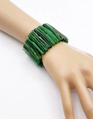 Boho Green Dyed Shell Stick Cuff Bracelet Stretch 1.5” Wide Mother of Pearl - Image 1 of 4