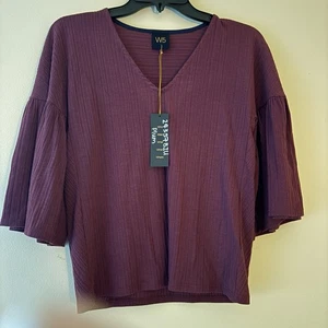 W5 Plum Textured V-Neck Blouse Bell Sleeve Women’s Small NWT - Picture 1 of 5