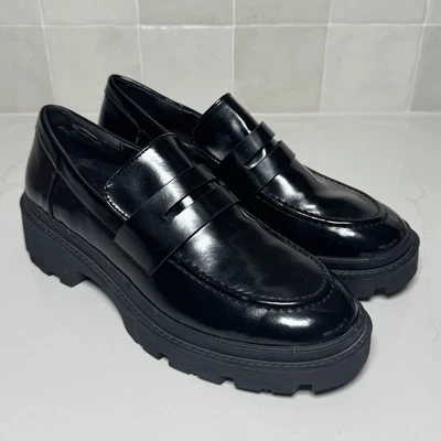 Женские мокасины Zara Penny 39 черные лакированная кожа коренастая зажимная подошва Y2K 90-е - Изображение 1 из 4